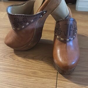 John Fluevog Brown Leather Mules with Studded Detail
